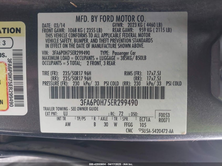 2014 FORD FUSION VIN: 3FA6P0H75ER299490