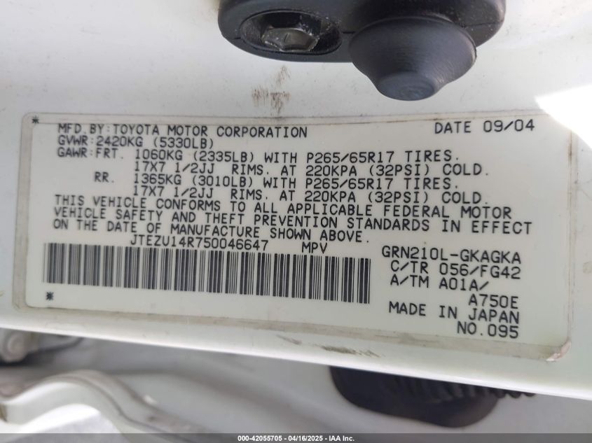 2005 Toyota 4Runner Sr5 V6 VIN: JTEZU14R750046647 Lot: 42055705
