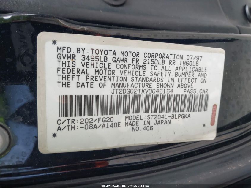 1997 Toyota Celica Gt VIN: JT2DG02TXV0046164 Lot: 42055743