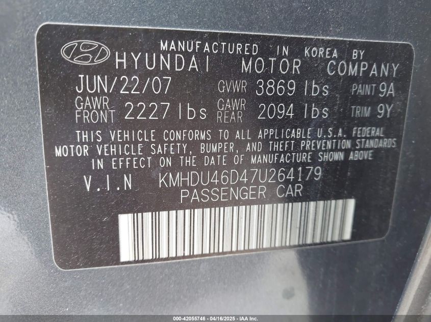 2007 Hyundai Elantra Gls/Limited/Se VIN: KMHDU46D47U264179 Lot: 42055746