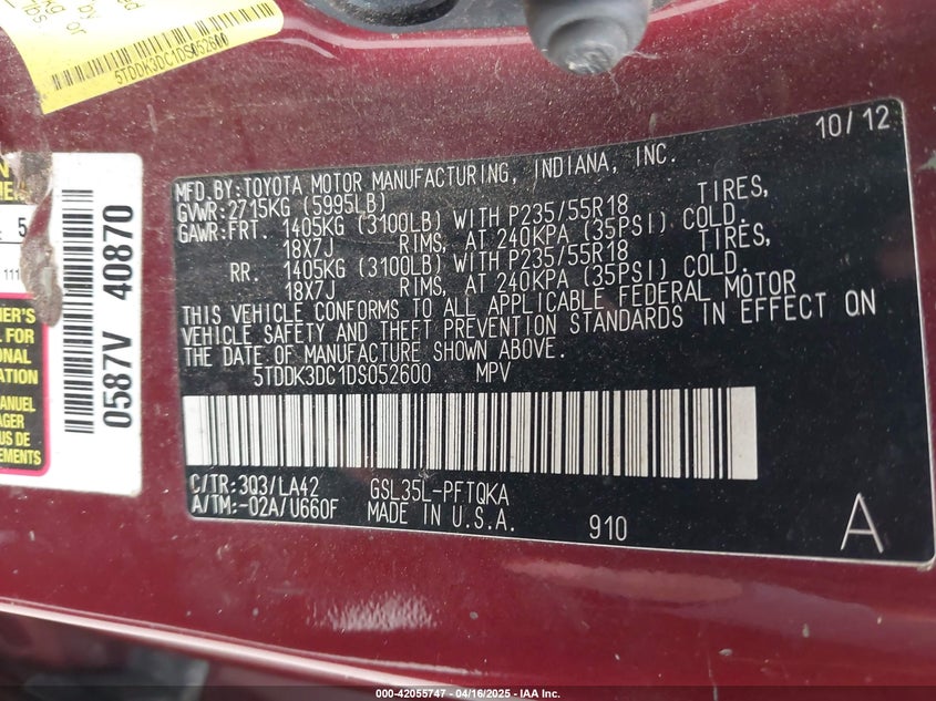 2013 TOYOTA SIENNA VIN: 5TDDK3DC1DS052600