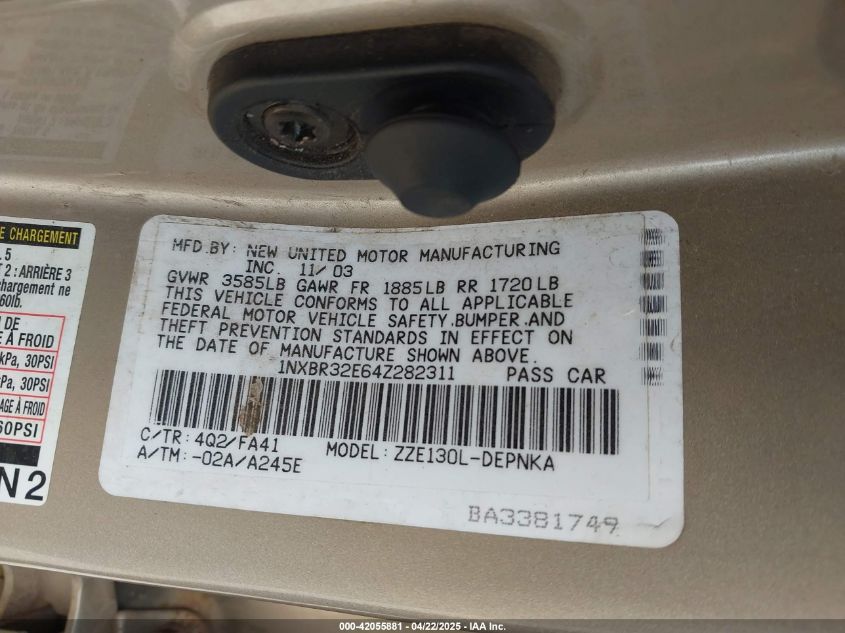 2004 Toyota Corolla Ce/Le/S VIN: 1NXBR32E64Z282311 Lot: 42055881