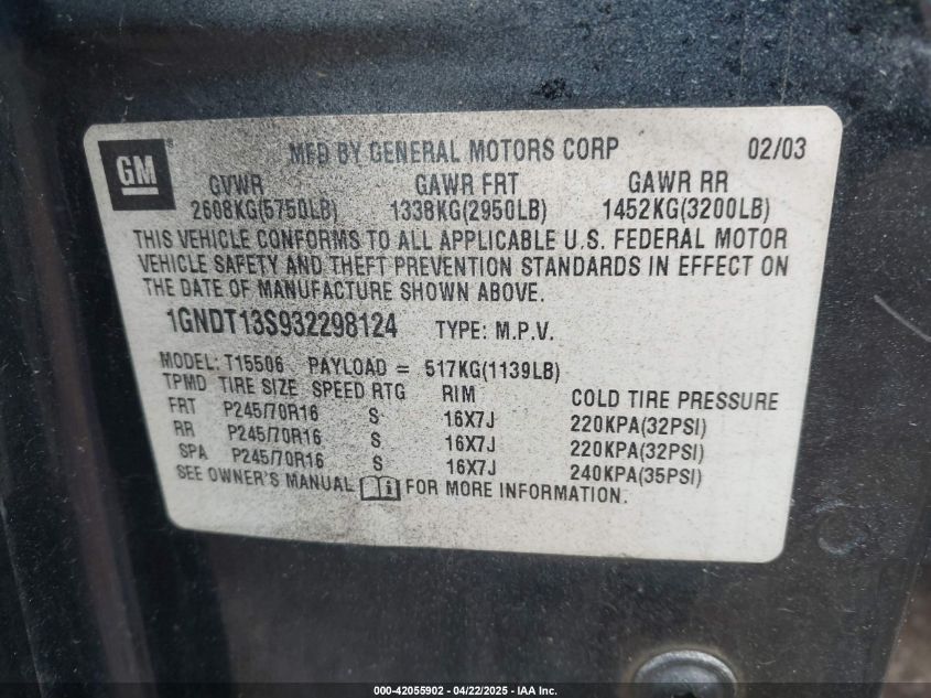 2003 Chevrolet Trailblazer Ls VIN: 1GNDT13S932298124 Lot: 42055902