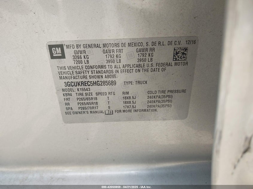 2017 CHEVROLET SILVERADO 1500 VIN: 3GCUKREC5HG285689