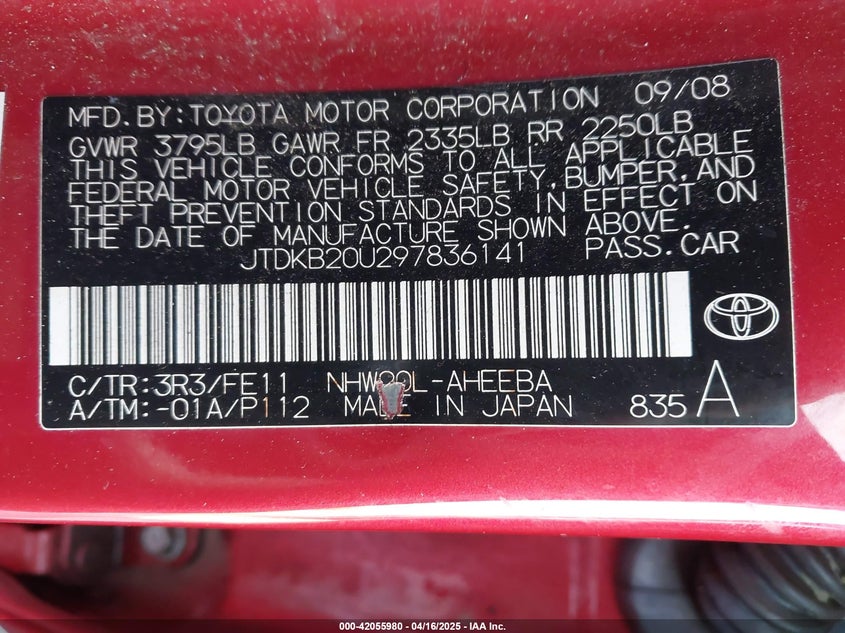 2009 TOYOTA PRIUS VIN: JTDKB20U297836141