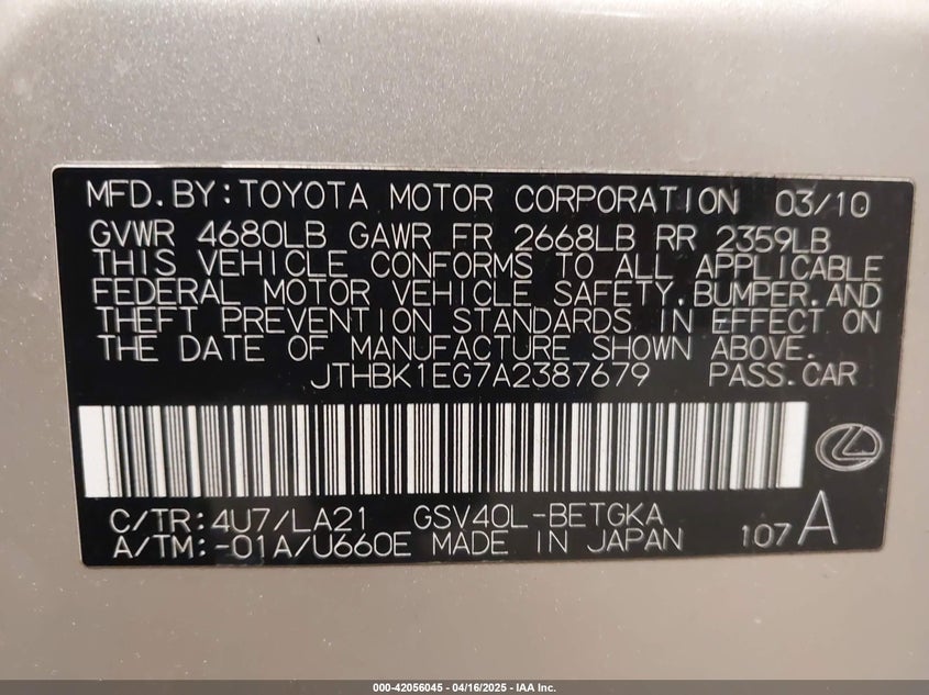 2010 LEXUS ES 350 VIN: JTHBK1EG7A2387679