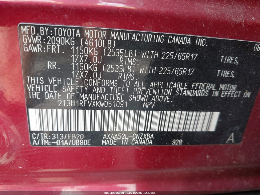 VIN 2T3H1RFVXKW051091 2019 TOYOTA RAV4 LE