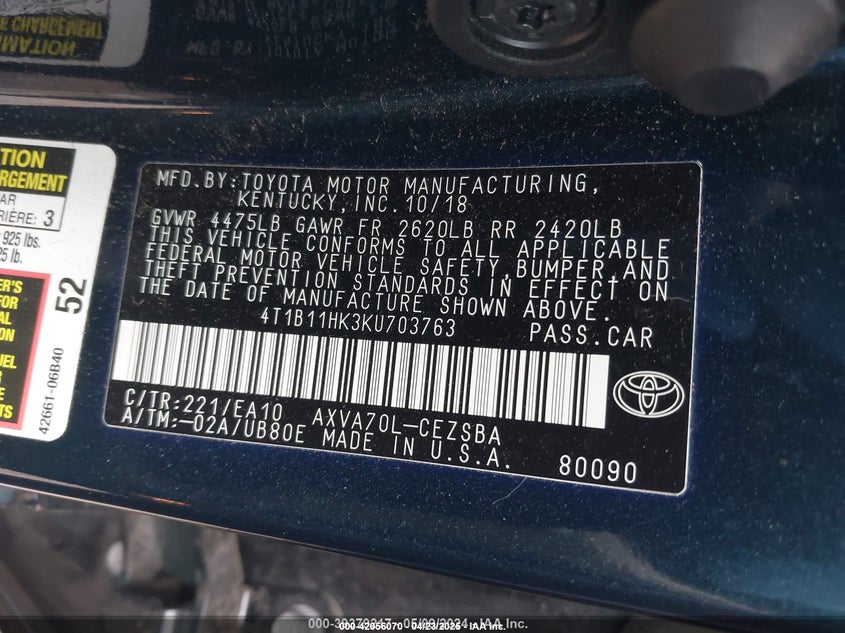 2019 Toyota Camry Se VIN: 4T1B11HK3KU703763 Lot: 42056070