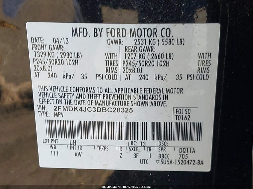 2013 FORD EDGE VIN: 2FMDK4JC3DBC20325