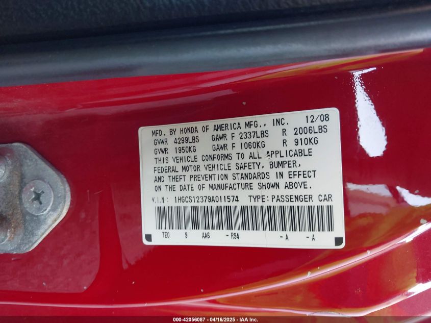 2009 Honda Accord 2.4 Lx-S VIN: 1HGCS12379A011574 Lot: 42056087