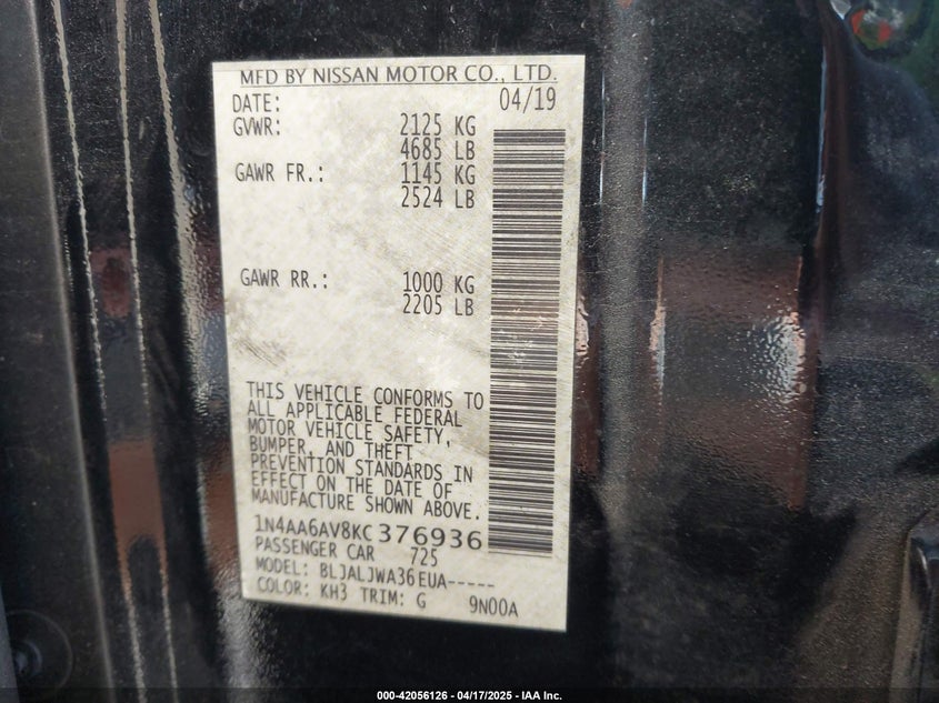 2019 NISSAN MAXIMA VIN: 1N4AA6AV8KC376936