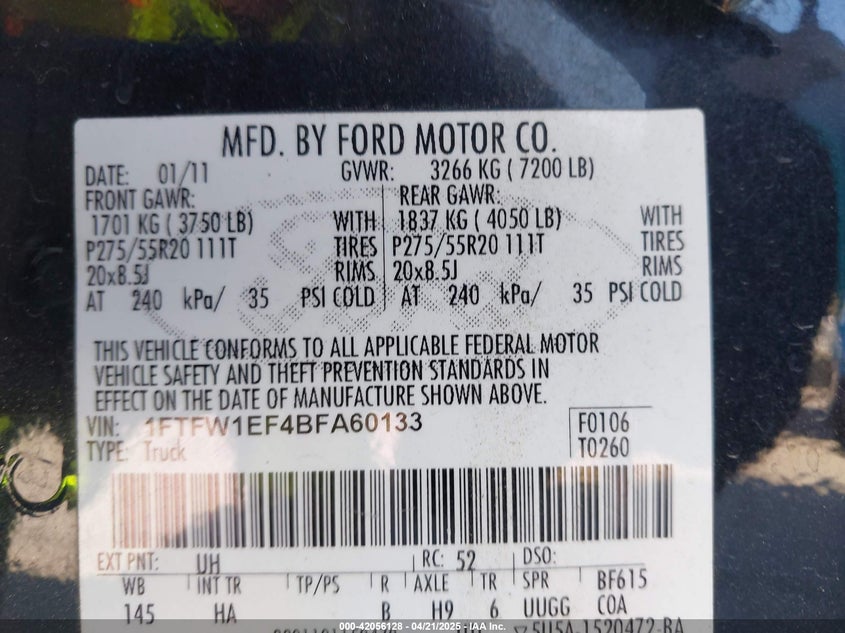 2011 FORD F-150 VIN: 1FTFW1EF4BFA60133