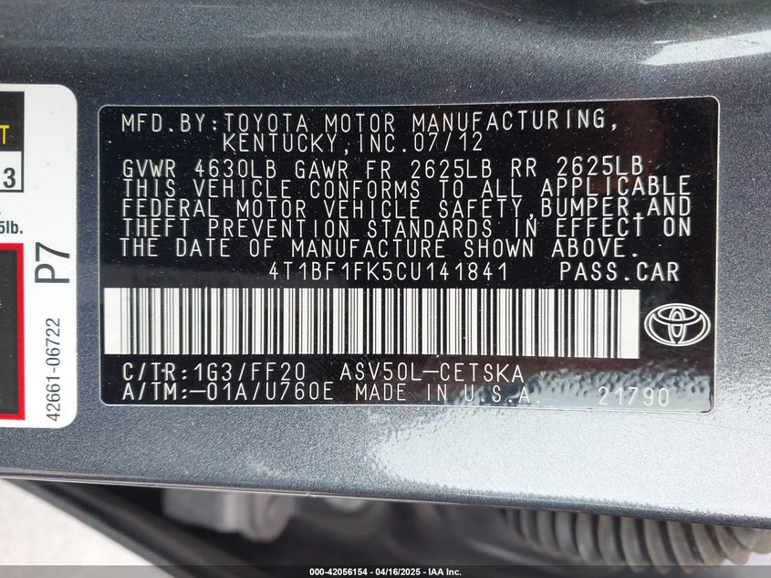 2012 TOYOTA CAMRY VIN: 4T1BF1FK5CU141841
