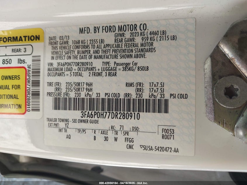 2013 FORD FUSION VIN: 3FA6P0H77DR280910