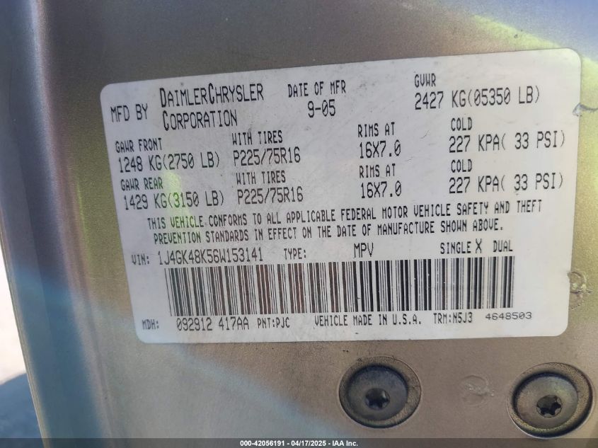 2006 Jeep Liberty Sport VIN: 1J4GK48K56W153141 Lot: 42056191