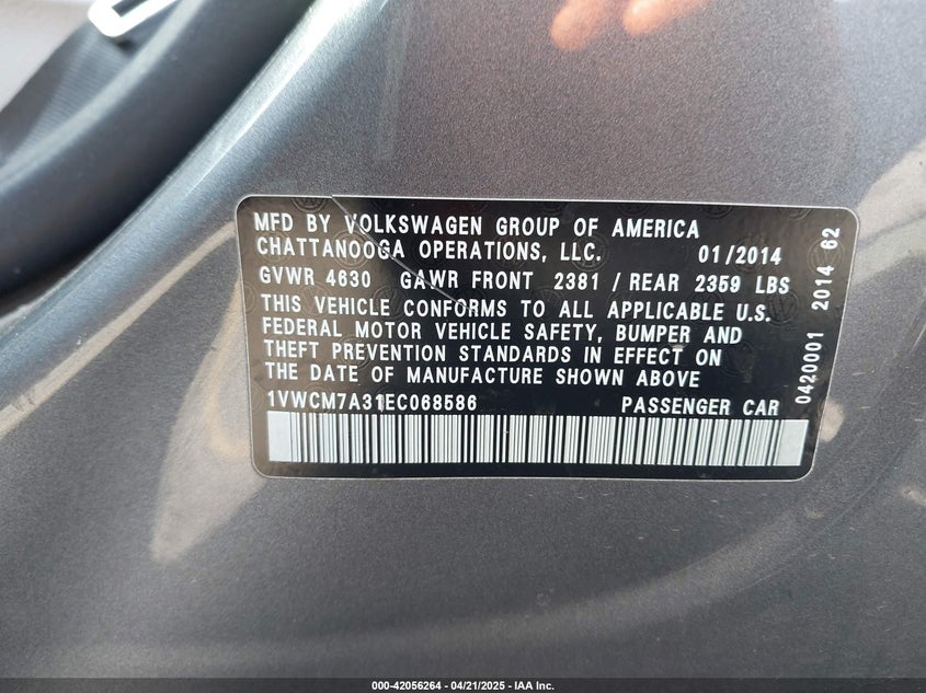 2014 VOLKSWAGEN PASSAT VIN: 1VWCM7A31EC068586