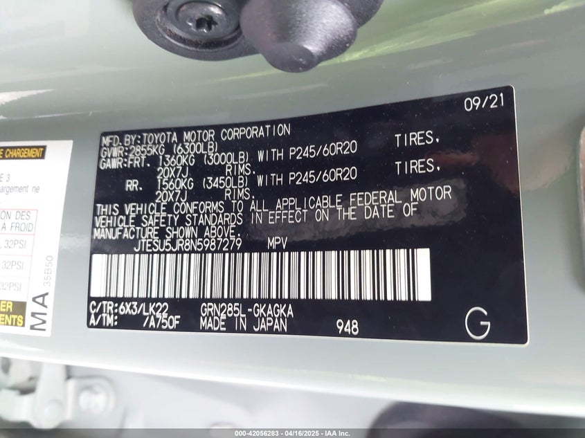 2022 TOYOTA 4RUNNER VIN: JTESU5JR8N5987279