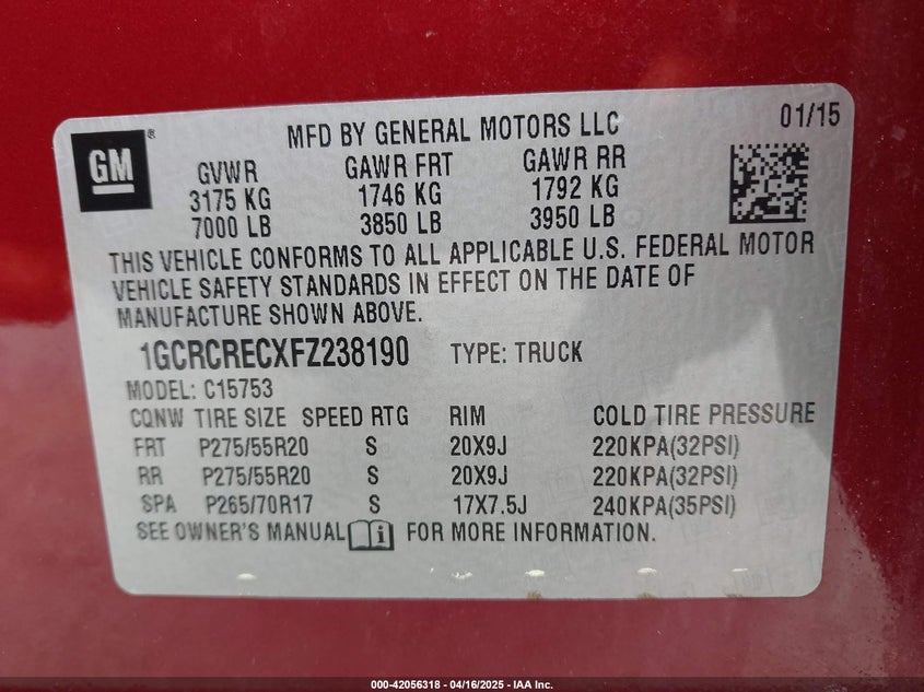 2015 CHEVROLET SILVERADO 1500 VIN: 1GCRCRECXFZ238190