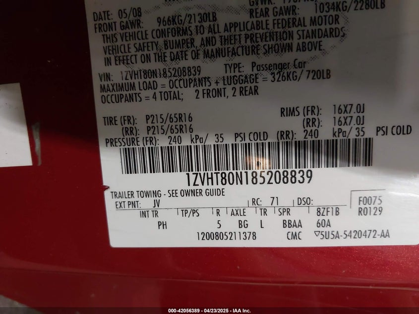 2008 FORD MUSTANG VIN: 1ZVHT80N185208839