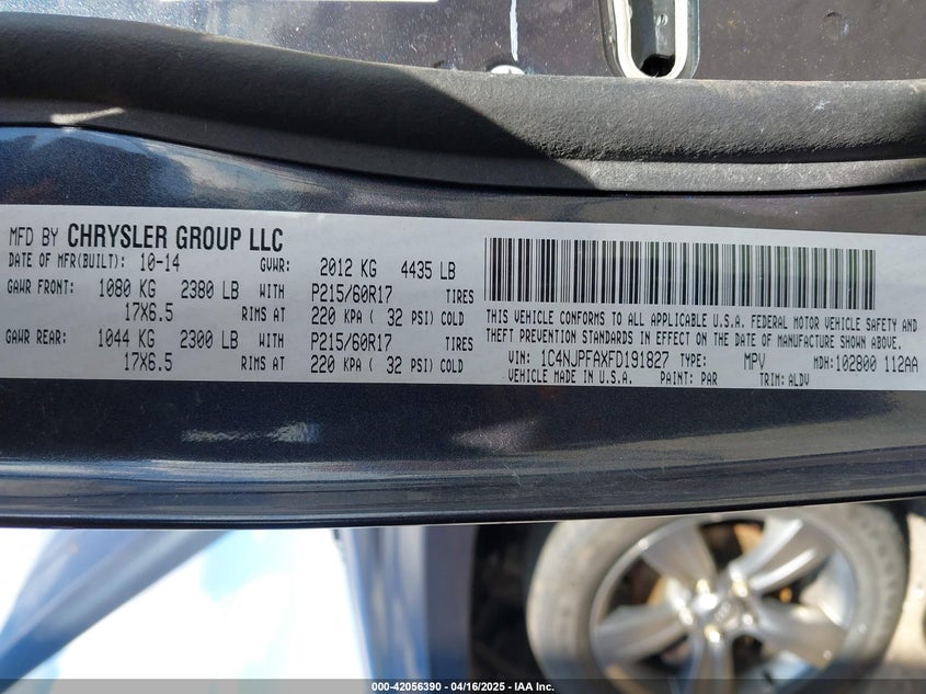 2015 JEEP PATRIOT VIN: 1C4NJPFAXFD191827