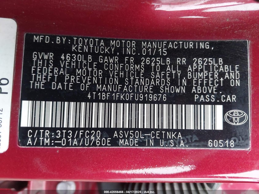 2015 TOYOTA CAMRY VIN: 4T1BF1FK0FU919676