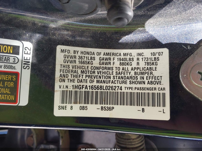 2008 HONDA CIVIC VIN: 1HGFA16568L026274
