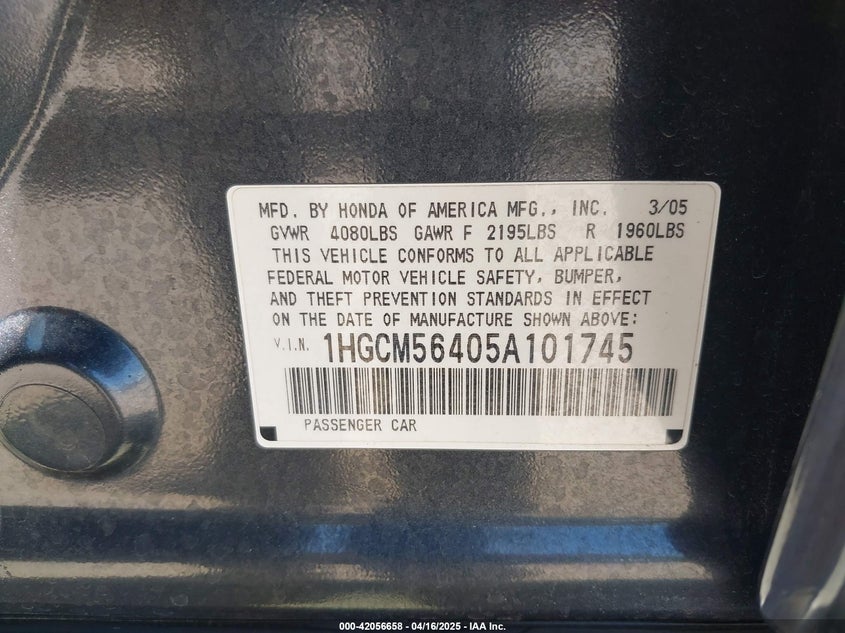 2005 Honda Accord 2.4 Lx VIN: 1HGCM56405A101745 Lot: 42056658