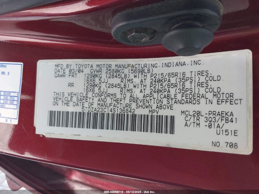 2004 Toyota Sienna Le VIN: 5TDZA23C14S136842 Lot: 42056718