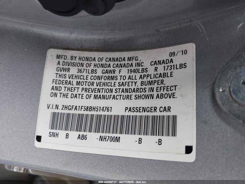 2011 HONDA CIVIC VIN: 2HGFA1F58BH514761