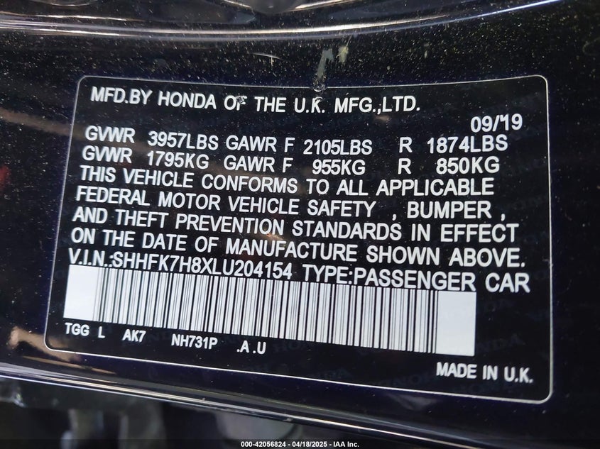 2020 HONDA CIVIC EX-L - SHHFK7H8XLU204154