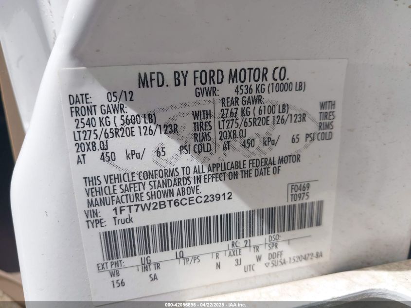 2012 Ford F-250 Lariat VIN: 1FT7W2BT6CEC23912 Lot: 42056896