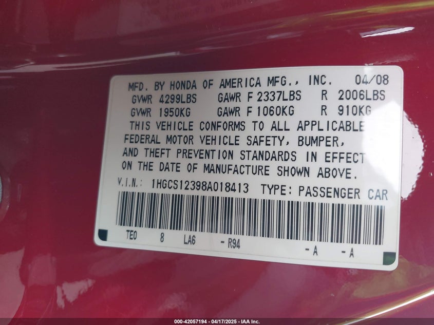 2008 HONDA ACCORD VIN: 1HGCS12398A018413