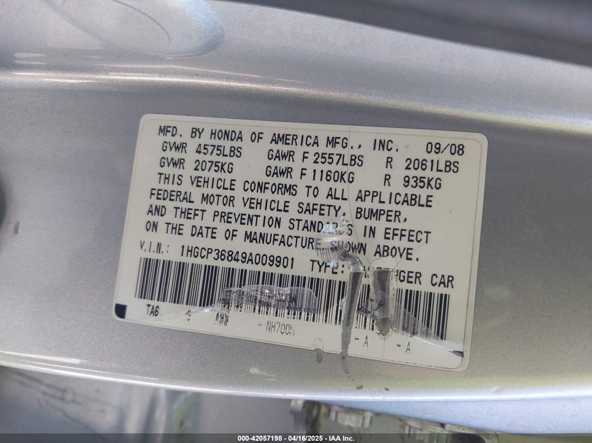 2009 HONDA ACCORD VIN: 1HGCP36849A009901