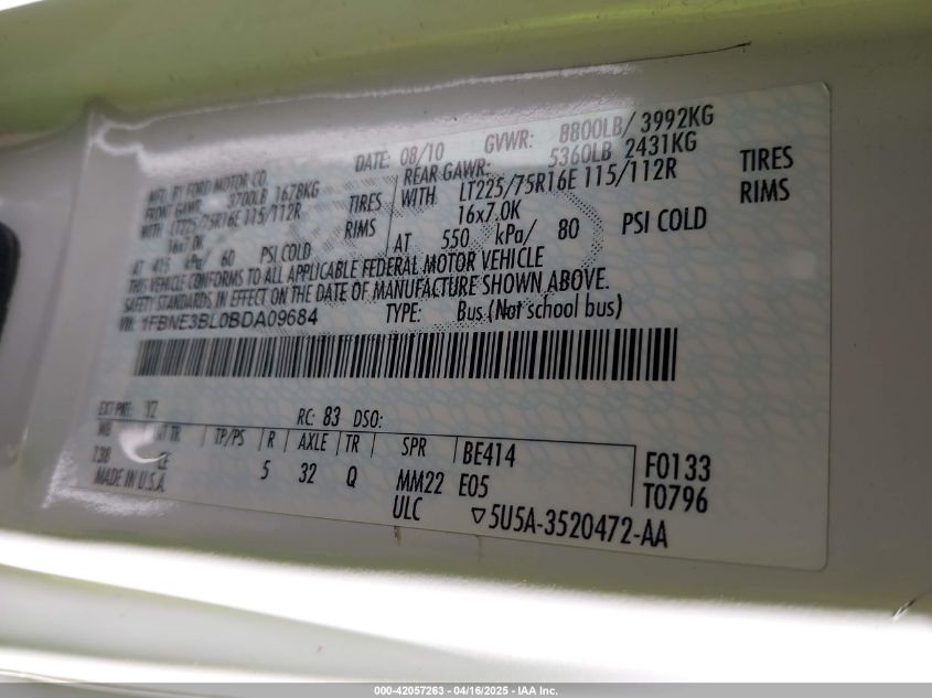 2011 Ford E-350 Super Duty Xl/Xlt VIN: 1FBNE3BL0BDA09684 Lot: 42057263