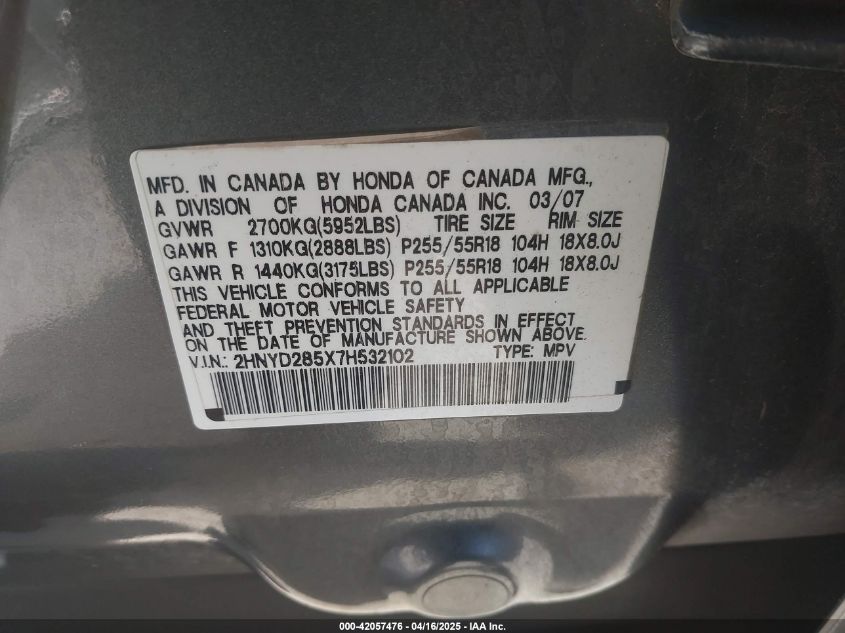 2007 Acura Mdx Sport Package VIN: 2HNYD285X7H532102 Lot: 42057476
