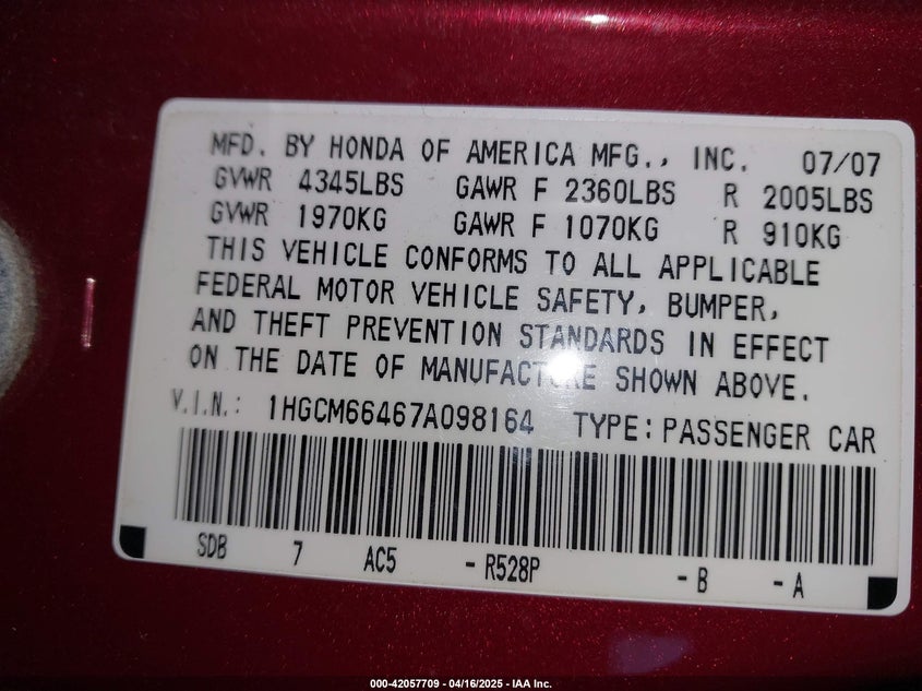 2007 HONDA ACCORD VIN: 1HGCM66467A098164