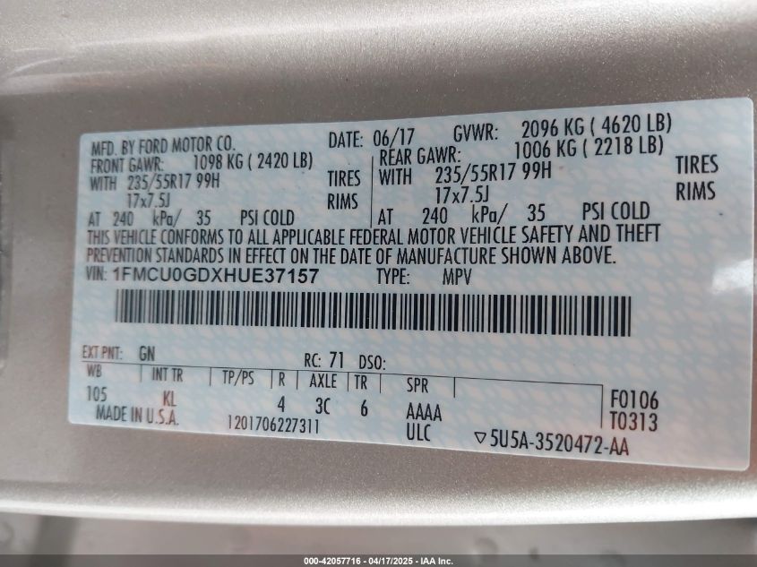 2017 Ford Escape Se VIN: 1FMCU0GDXHUE37157 Lot: 42057716