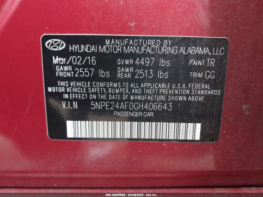 2016 Hyundai Sonata VIN: 5NPE24AF0GH406643 Lot: 42057929