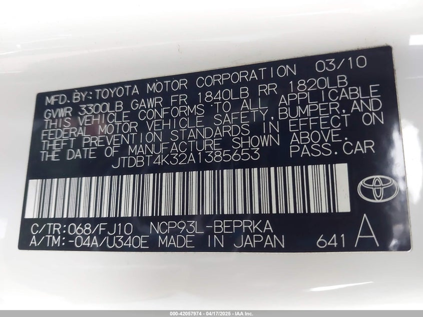 2010 TOYOTA YARIS VIN: JTDBT4K32A1385653