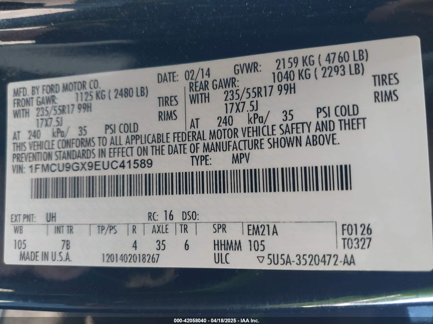 2014 FORD ESCAPE VIN: 1FMCU9GX9EUC41589