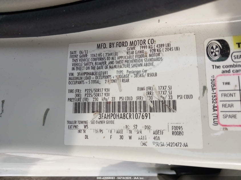 2012 FORD FUSION VIN: 3FAHP0HA8CR107691
