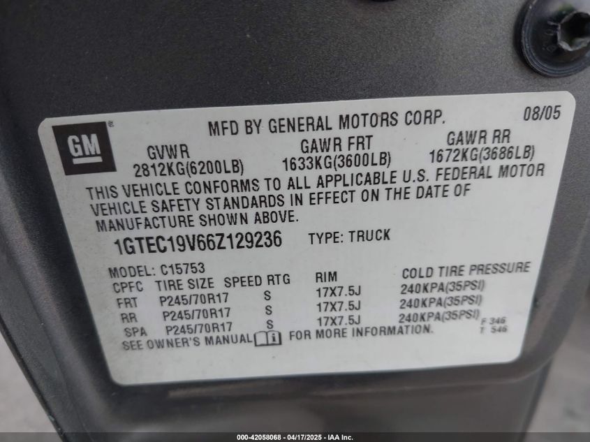 2006 GMC Sierra 1500 Sle1 VIN: 1GTEC19V66Z129236 Lot: 42058068