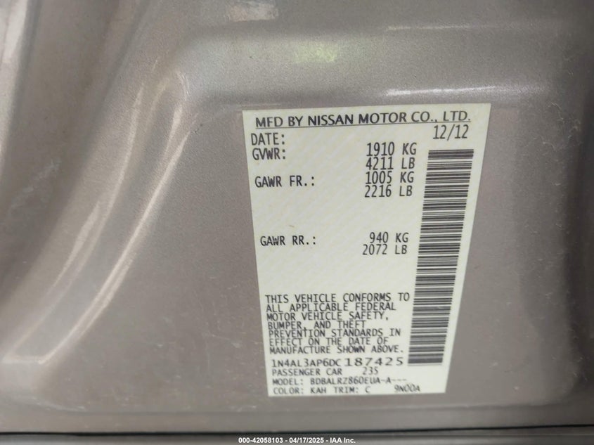 2013 NISSAN ALTIMA VIN: 1N4AL3AP6DC187425