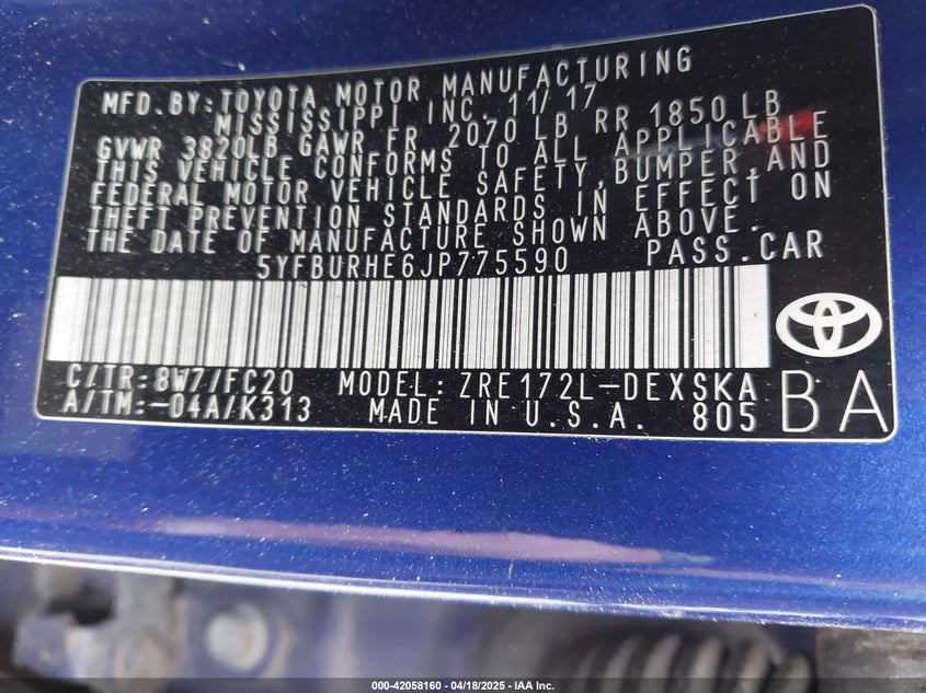 2018 TOYOTA COROLLA L/LE/XLE/SE/XSE - 5YFBURHE6JP775590