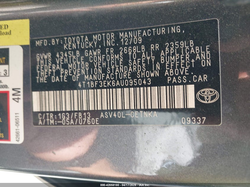 2010 TOYOTA CAMRY VIN: 4T1BF3EK6AU095043