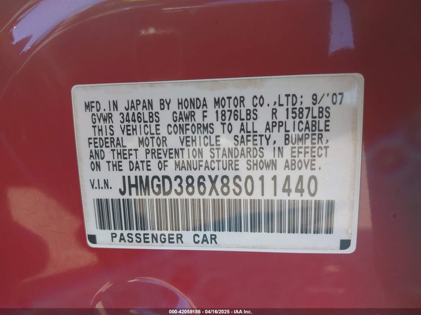 2008 Honda Fit Sport VIN: JHMGD386X8S011440 Lot: 42058186