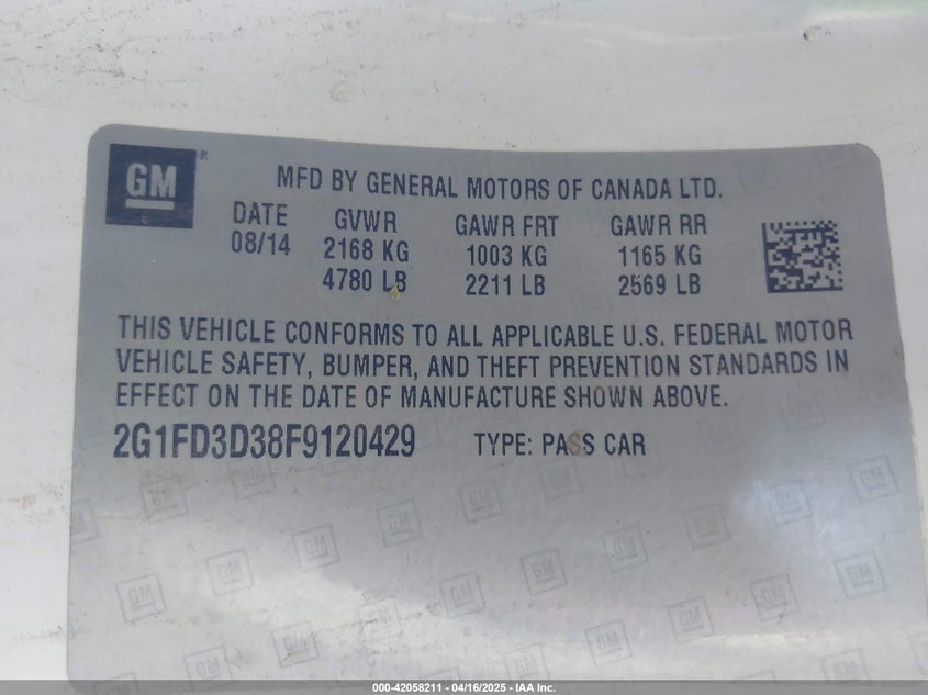 2015 Chevrolet Camaro VIN: 2G1FD3D38F912042 Lot: 42058211