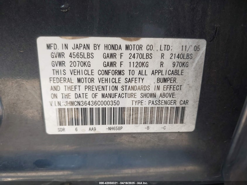 2006 HONDA ACCORD HYBRID VIN: JHMCN36436C000350