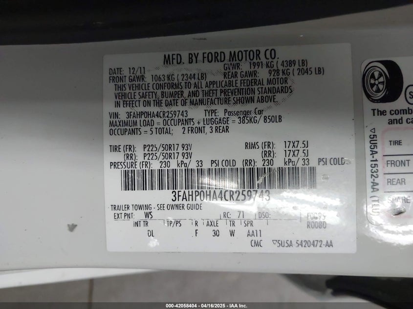 2012 FORD FUSION VIN: 3FAHP0HA4CR259743