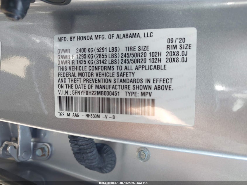 2021 HONDA PASSPORT AWD SPORT - 5FNYF8H22MB000451